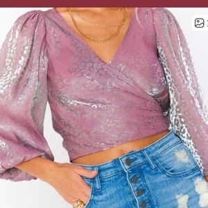 Show Me Your MuMu Shimmering mauve and silvery cheetah wrap blouse